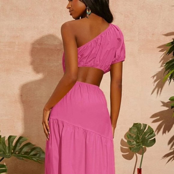 PINK PUFF SLEEVE ONE SHOULDER WAIST CUT OUT DETAIL MAXI DRESS SUMMER VACAY - Picture 5 of 6